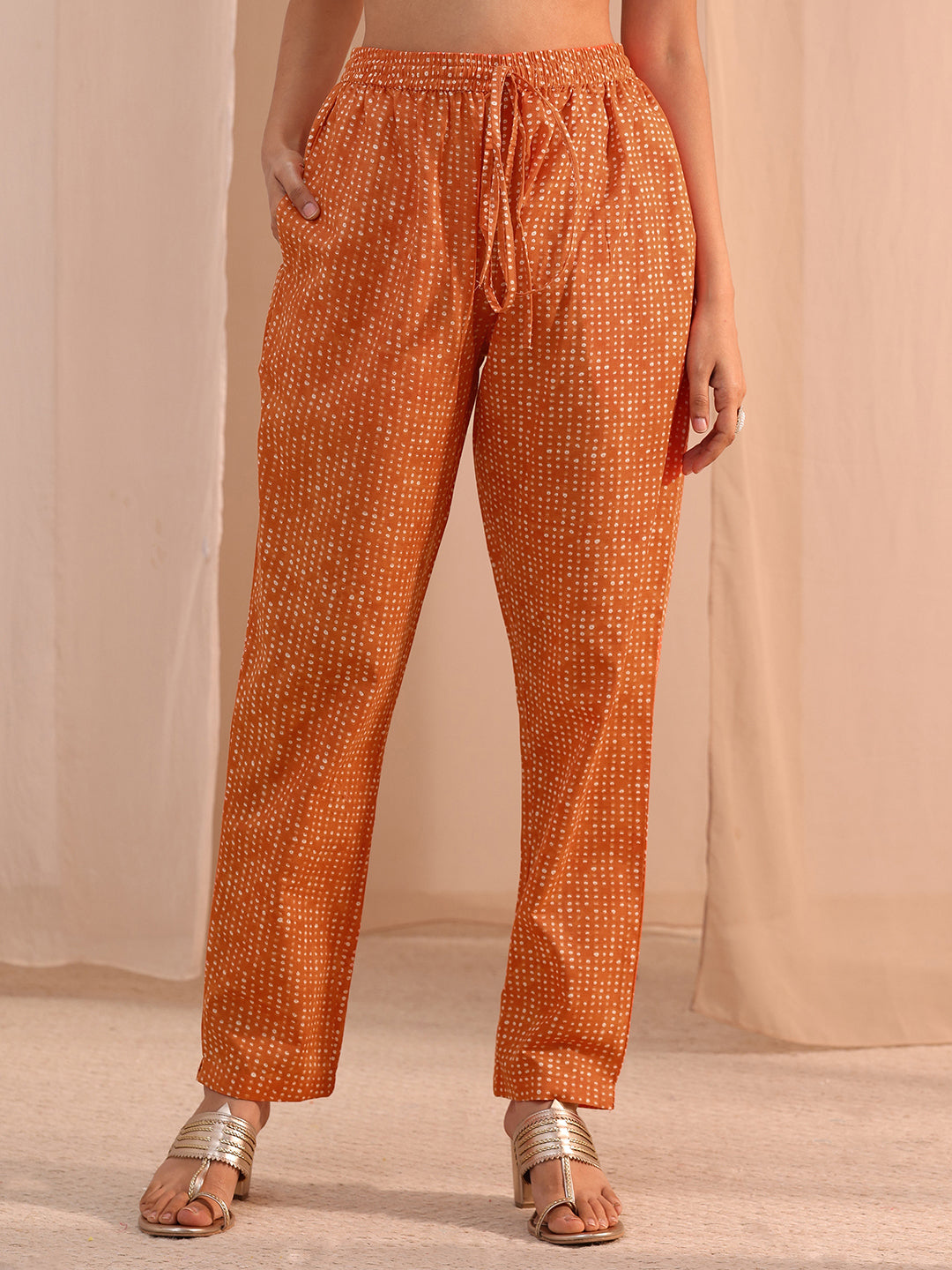 Gerua Orange Bandhani Printed Cotton Blend Straight Suit Set