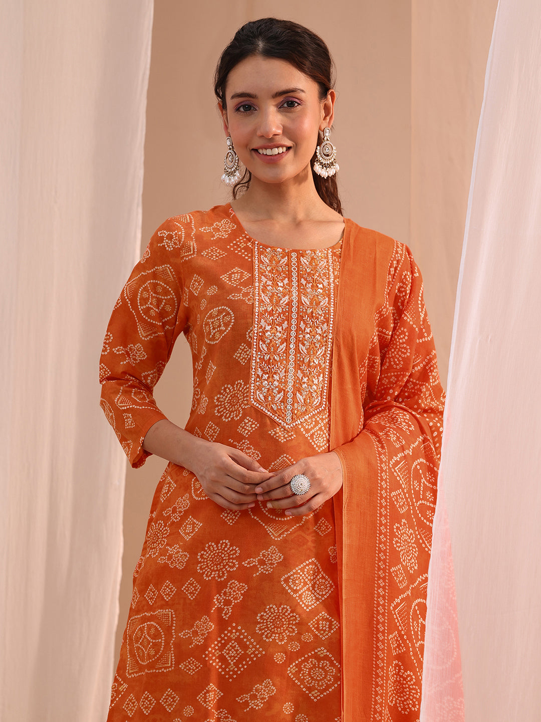 Gerua Orange Bandhani Printed Cotton Blend Straight Suit Set