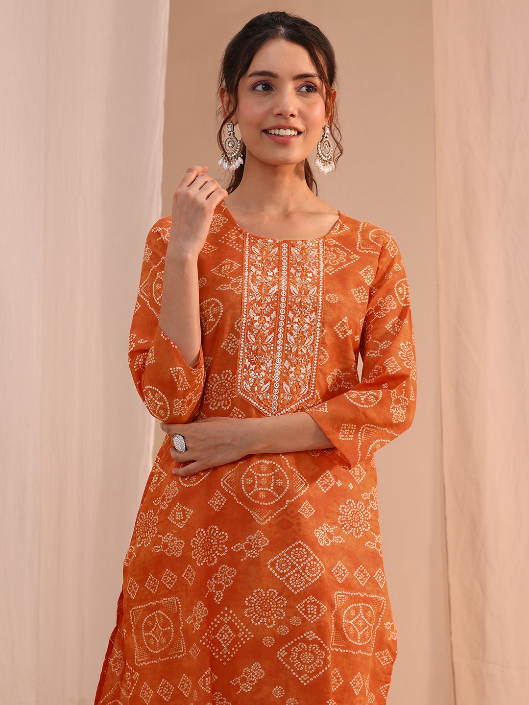 Gerua Orange Bandhani Printed Cotton Blend Straight Suit Set
