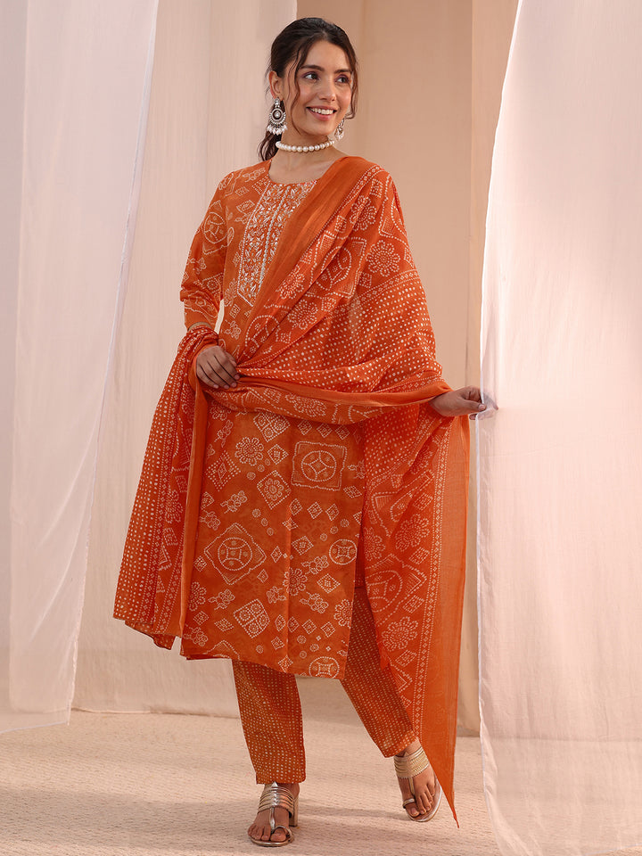 Gerua Orange Bandhani Printed Cotton Blend Straight Suit Set