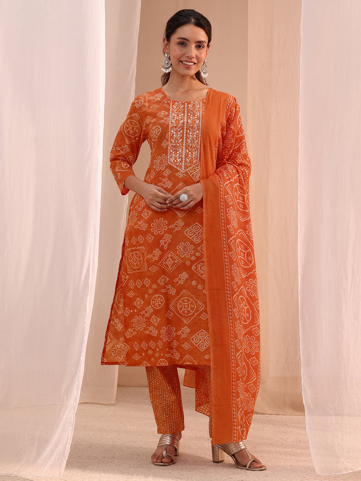Gerua Orange Bandhani Printed Cotton Blend Straight Suit Set