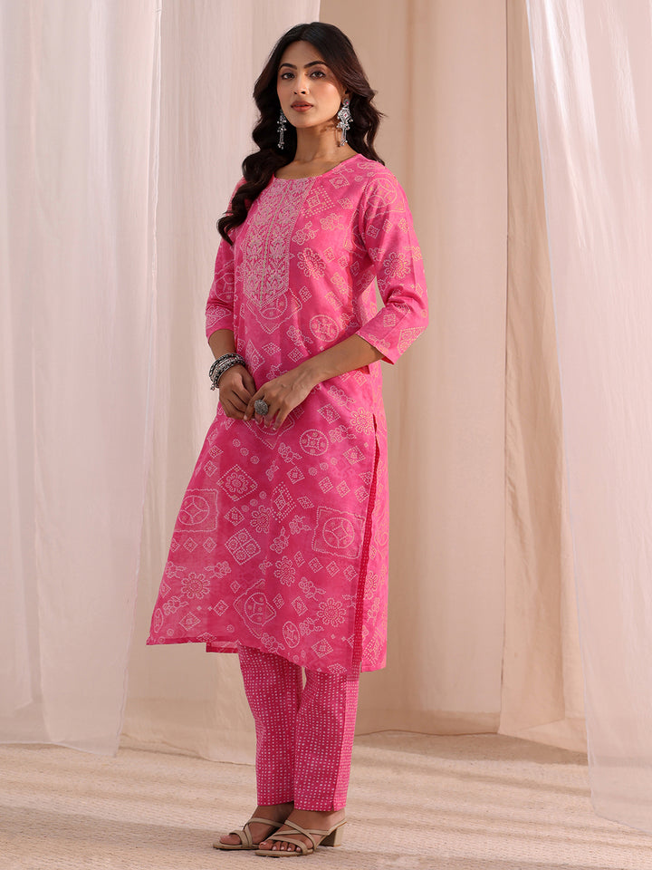 Gerua Pink Bandhani Printed Cotton Blend Straight Suit Set