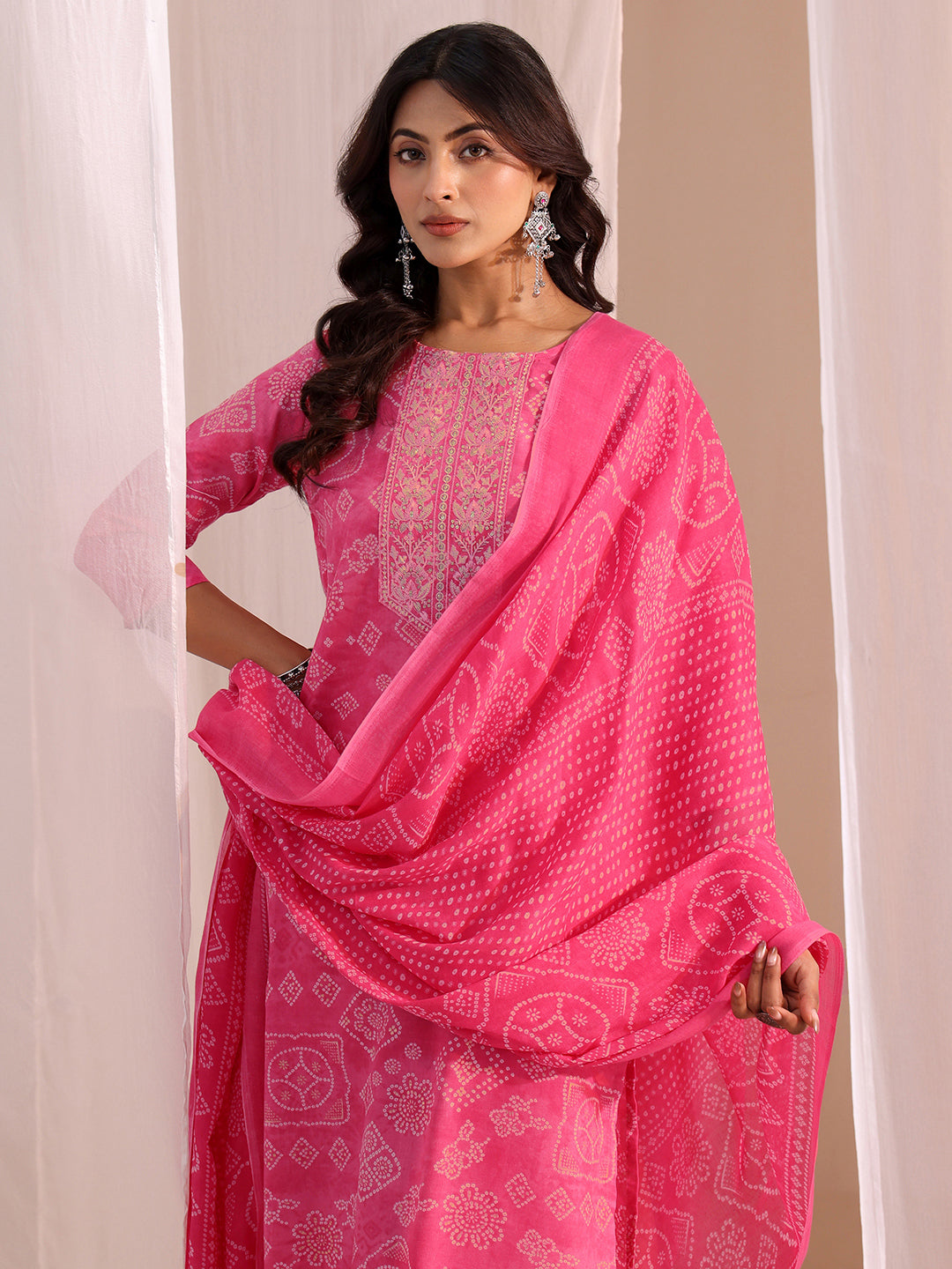 Gerua Pink Bandhani Printed Cotton Blend Straight Suit Set