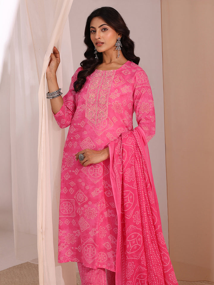 Gerua Pink Bandhani Printed Cotton Blend Straight Suit Set