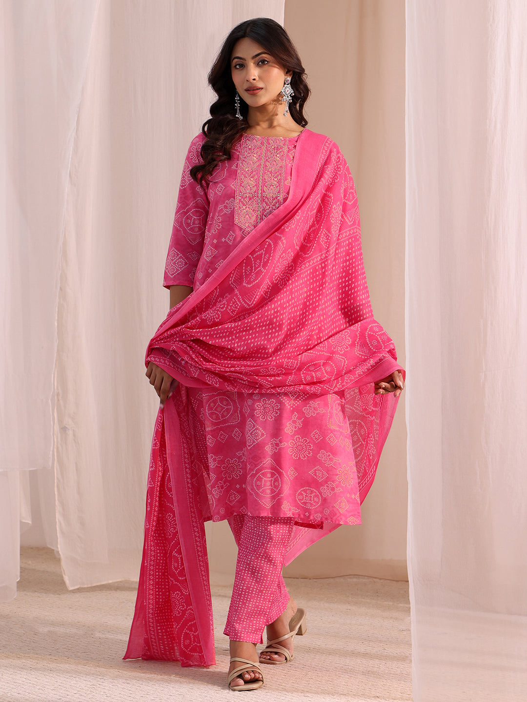 Pink Bandhani Printed Cotton Blend Straight Suit Set