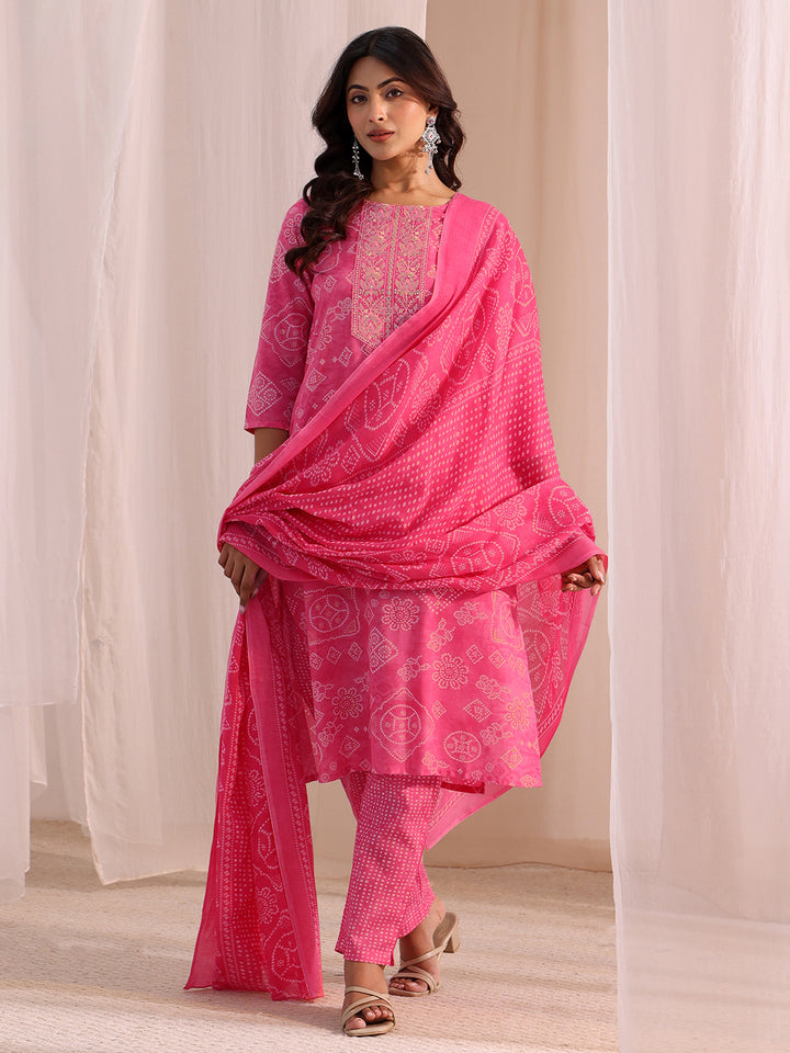 Gerua Pink Bandhani Printed Cotton Blend Straight Suit Set
