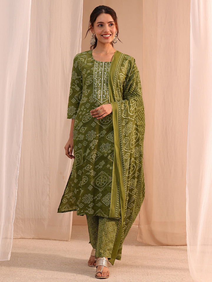 Gerua Green Bandhani Printed Cotton Blend Straight Suit Set