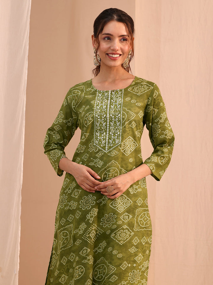 Gerua Green Bandhani Printed Cotton Blend Straight Suit Set