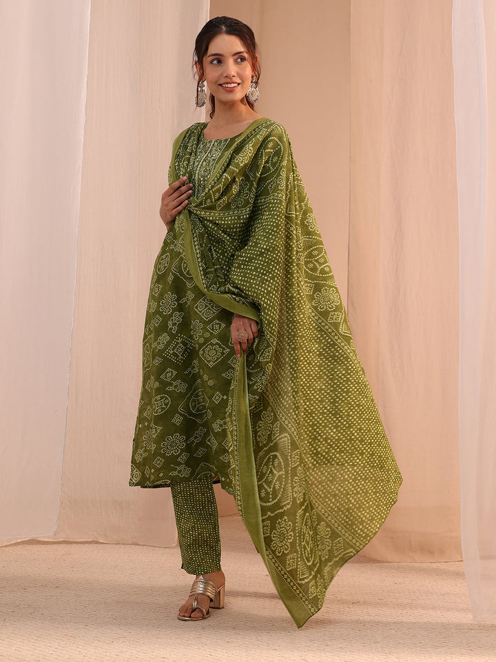 Gerua Green Bandhani Printed Cotton Blend Straight Suit Set