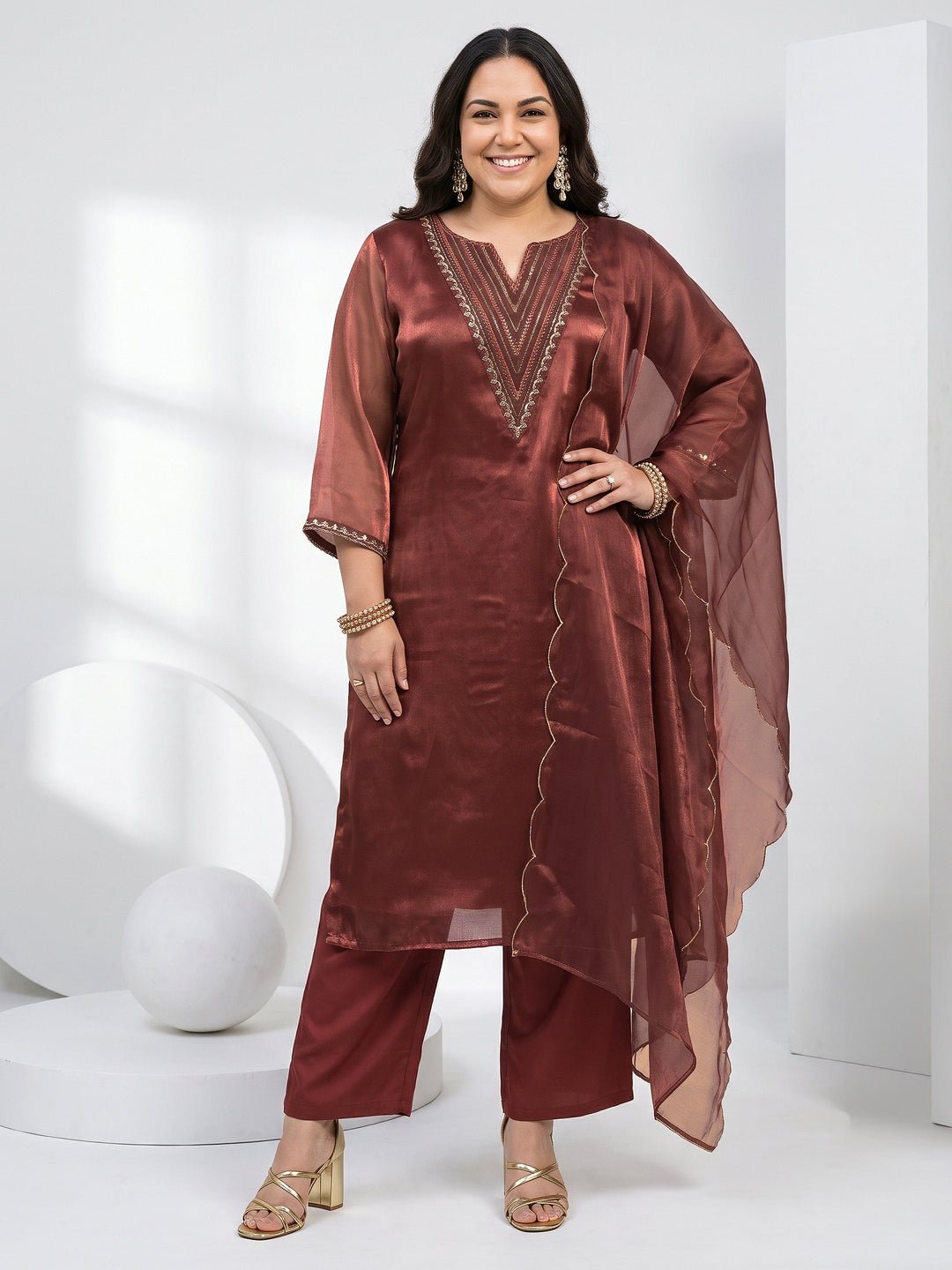 Plus Size Rust Brown Yoke Design Embroidered Tissue Straight Suit Set