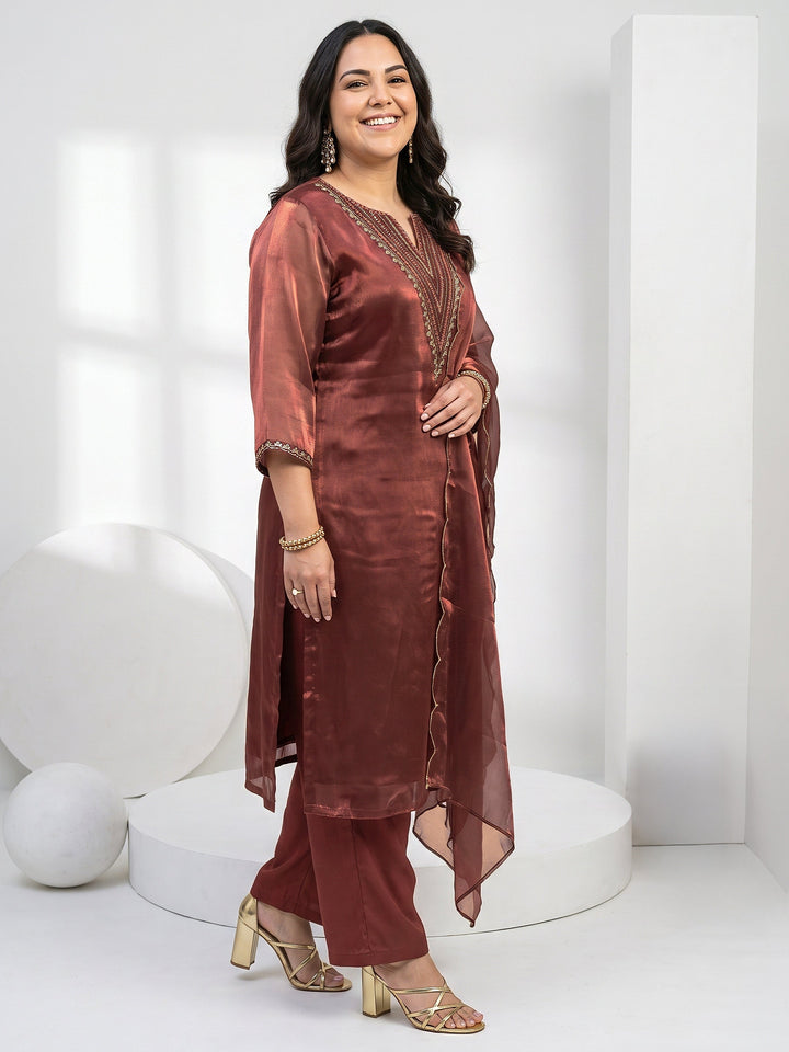 Plus Size Rust Brown Yoke Design Embroidered Tissue Straight Suit Set