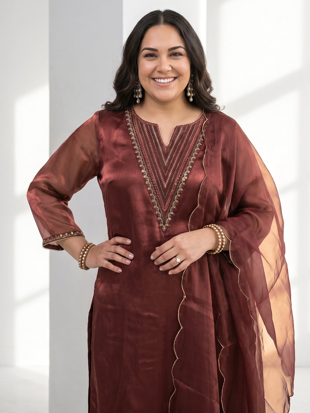 Plus Size Rust Brown Yoke Design Embroidered Tissue Straight Suit Set