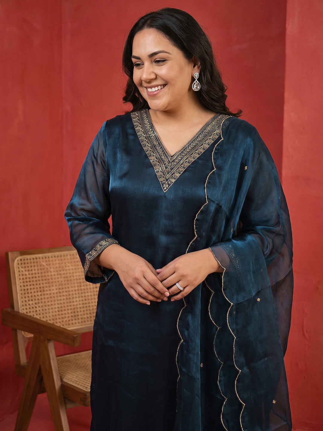 Plus Size Blue Yoke Design Embroidered Tissue Straight Suit Set