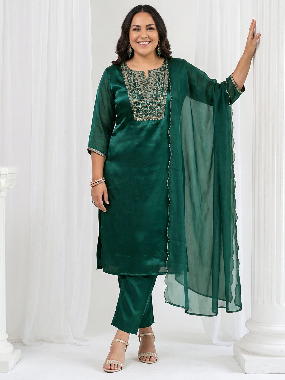 Plus Size Green Yoke Design Embroidered Tissue Straight Suit Set