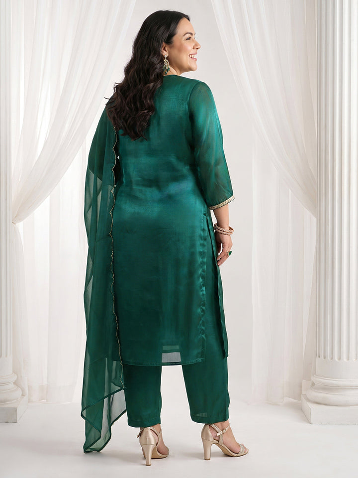 Plus Size Green Yoke Design Embroidered Tissue Straight Suit Set