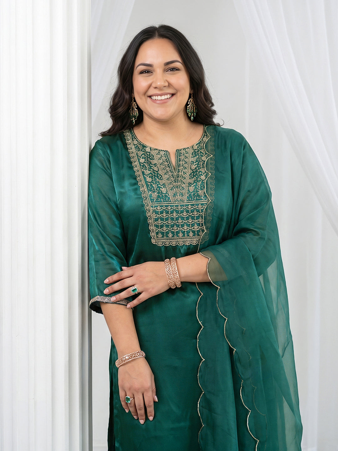 Plus Size Green Yoke Design Embroidered Tissue Straight Suit Set