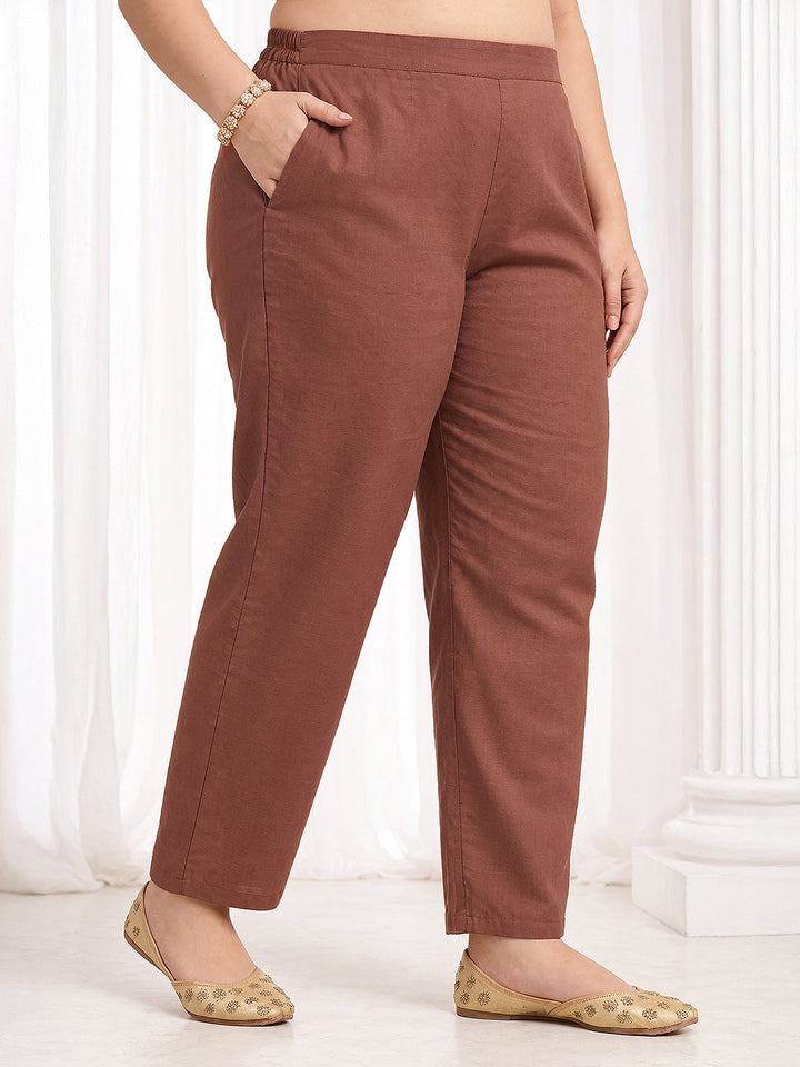 Plus Size Peach Yoke Design Tissue Straight Suit Set