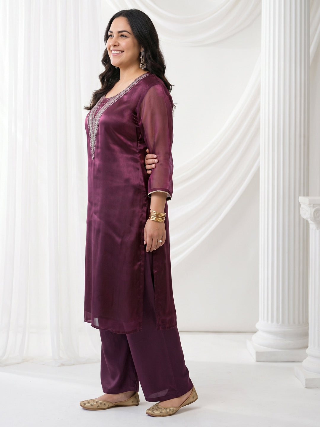 Plus Size Burgundy Yoke Design Embellished Tissue Straight Suit Set