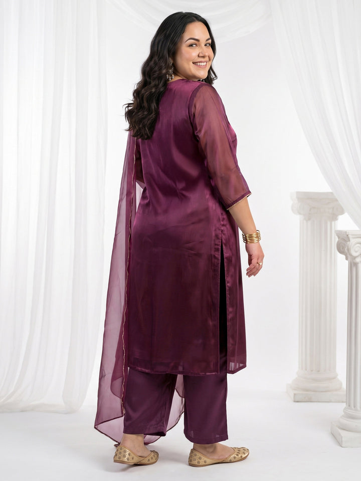 Plus Size Burgundy Yoke Design Embellished Tissue Straight Suit Set