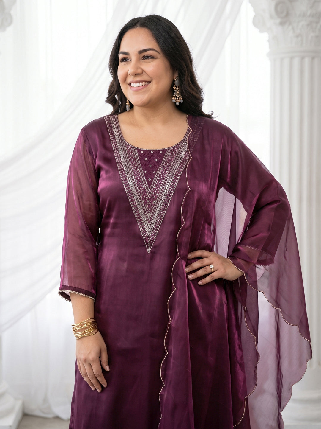Plus Size Burgundy Yoke Design Embellished Tissue Straight Suit Set