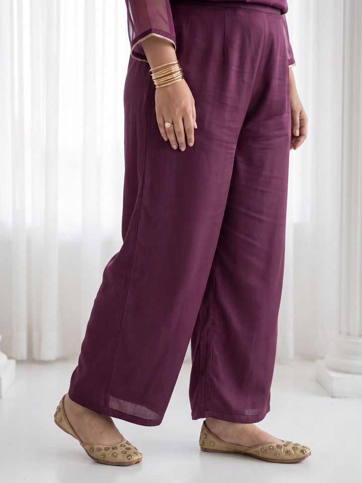 Plus Size Burgundy Yoke Design Embellished Tissue Straight Suit Set