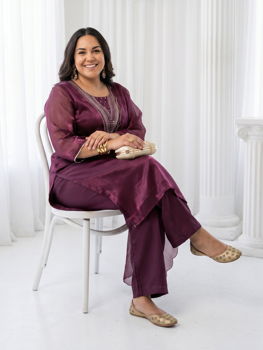 Plus Size Burgundy Yoke Design Embellished Tissue Straight Suit Set
