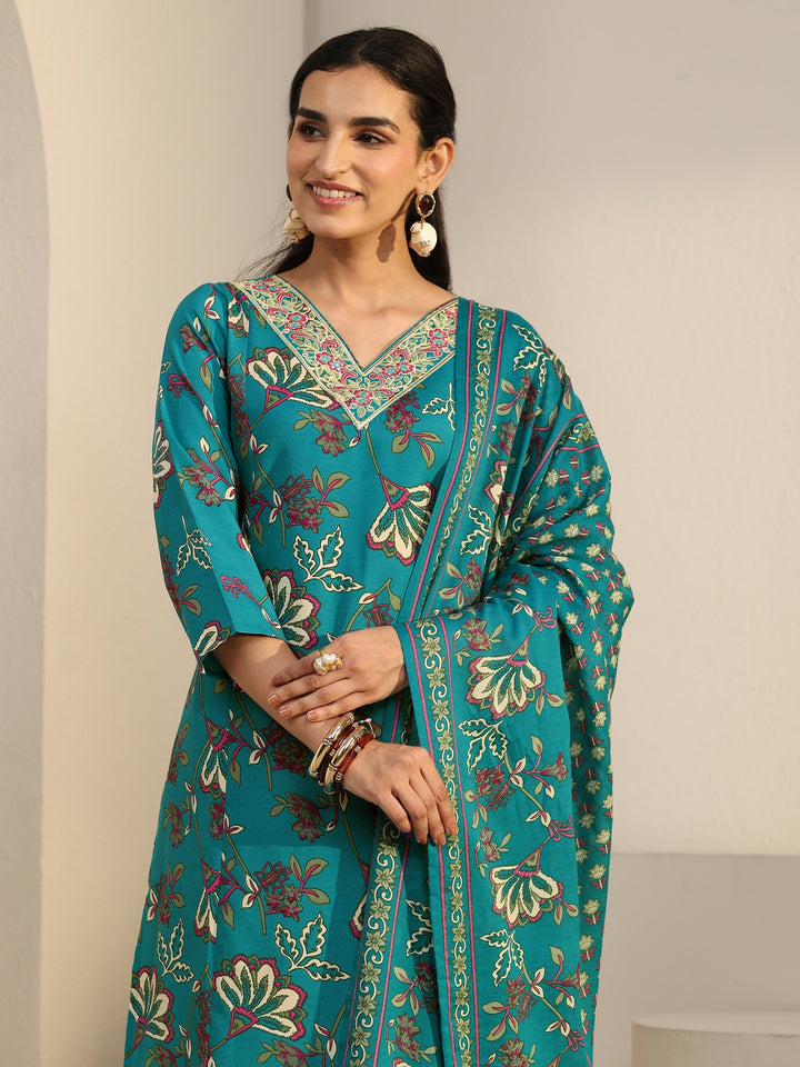 Gerua Turquoise Blue Floral Printed Cotton Blend Straight Suit Set
