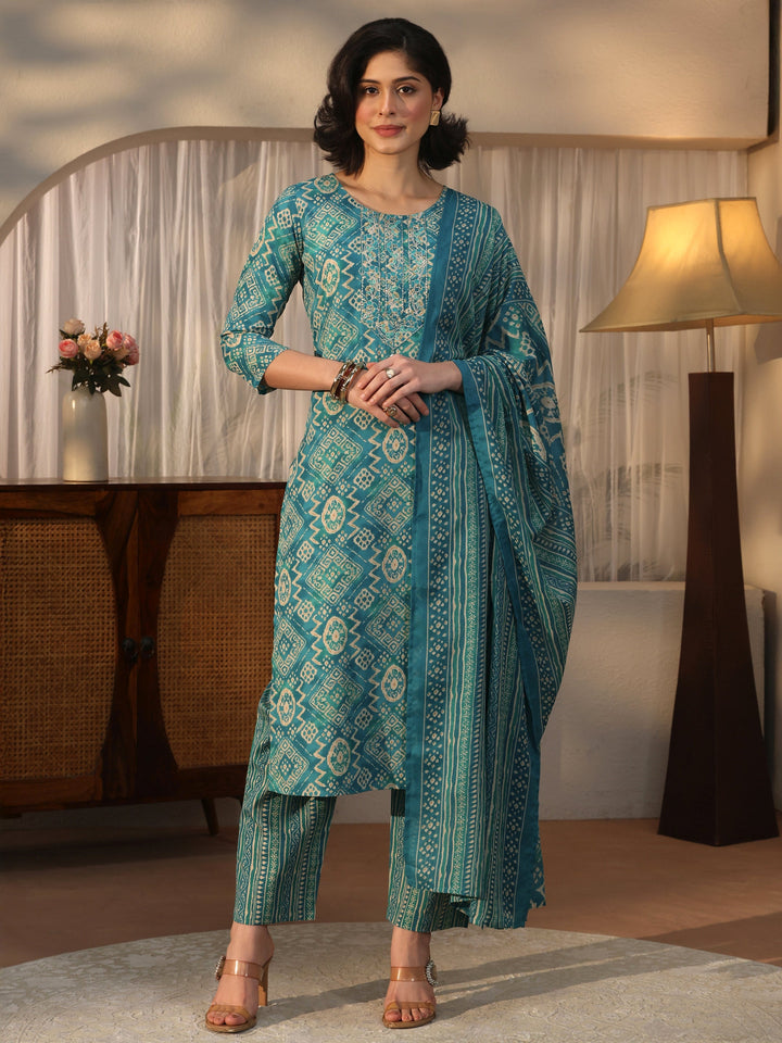 Gerua Sky Blue Batik Print Straight Suit Set