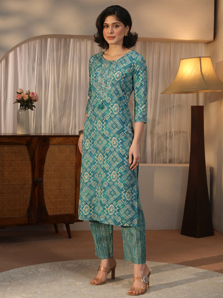 Gerua Sky Blue Batik Print Straight Suit Set