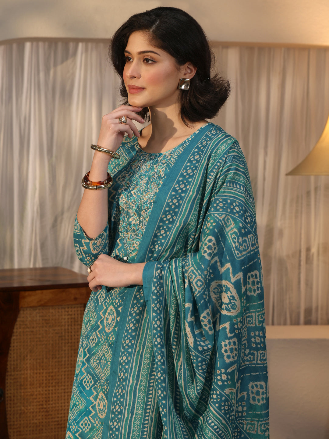 Gerua Sky Blue Batik Print Straight Suit Set
