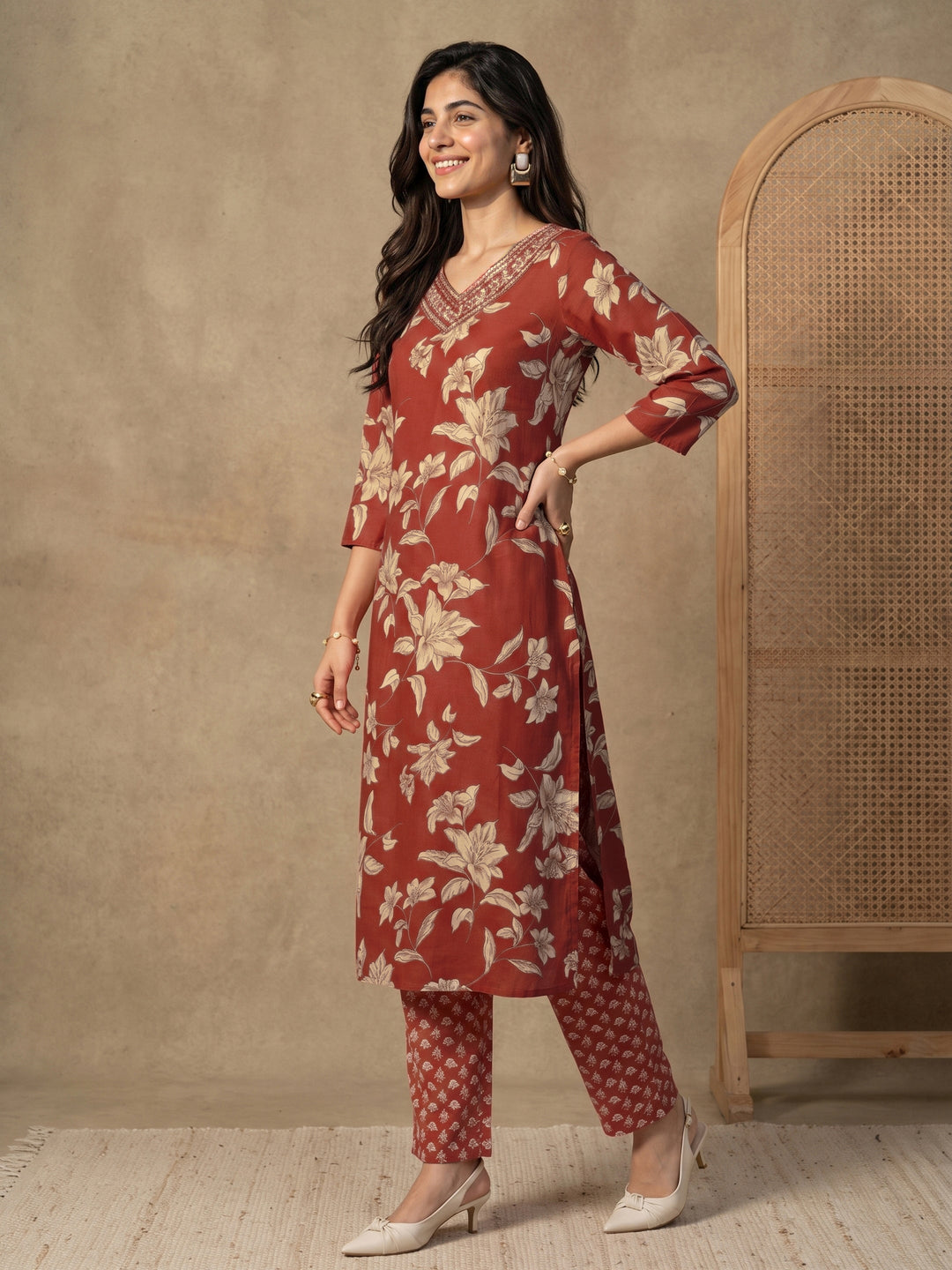 Gerua Rust Brown Floral Printed Straight Suit Set