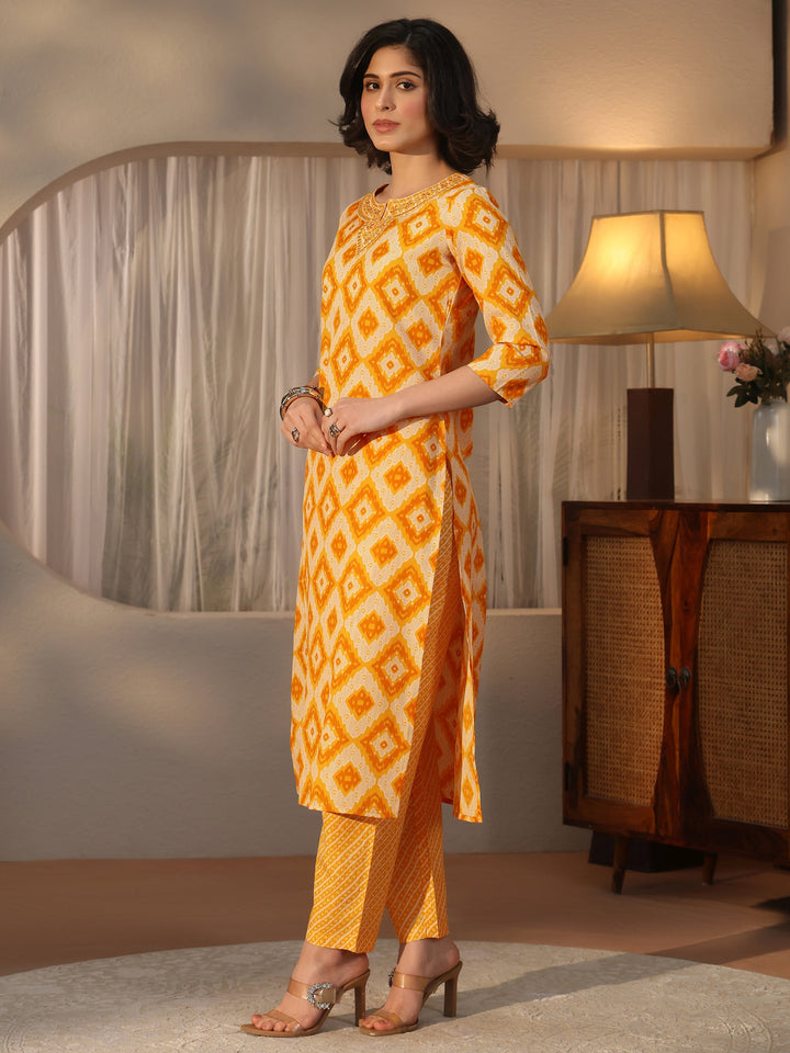 Gerua Mustard Geometric Printed Straight Suit Set