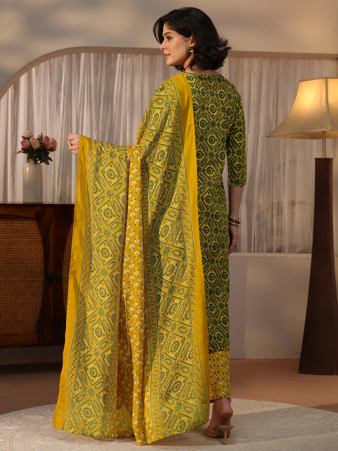 Gerua Mustard Ajrakh Printed Straight Suit Set