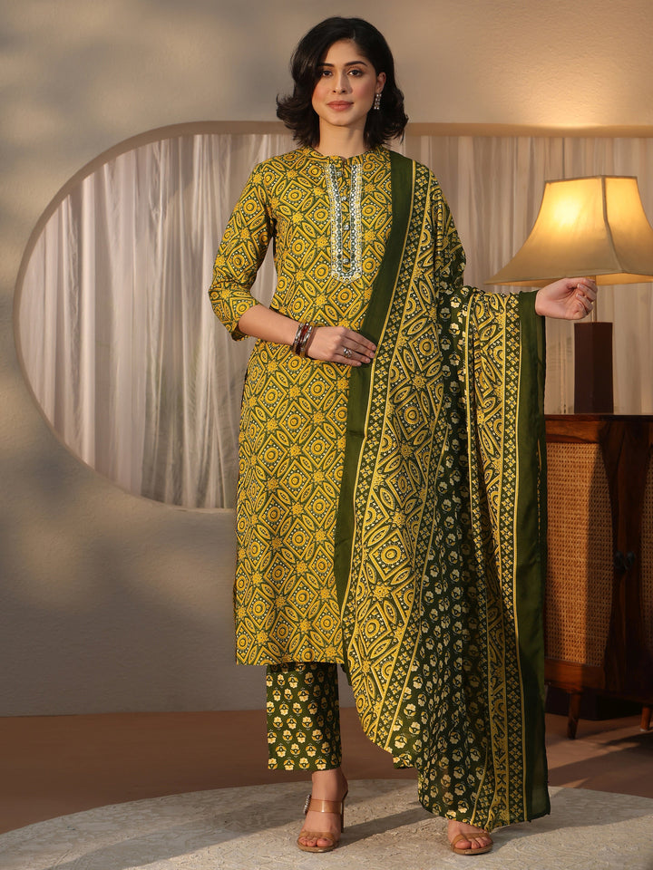 Gerua Green Ajrakh Printed Straight Suit Set