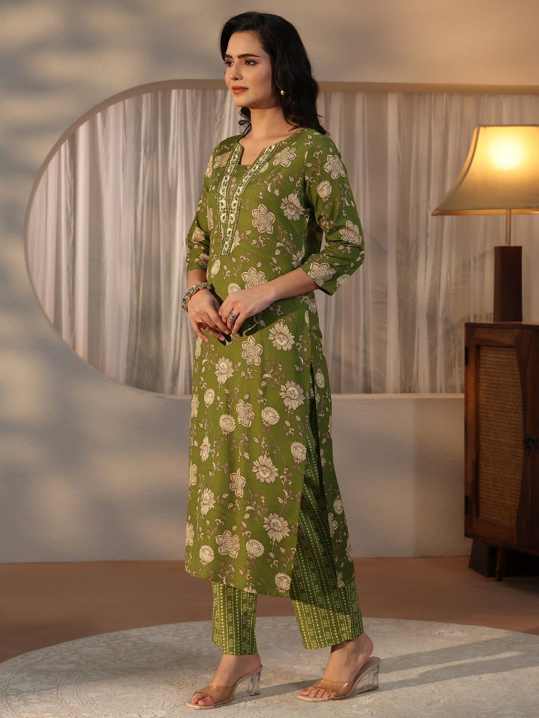 Gerua Green Floral Printed Straight Suit Set