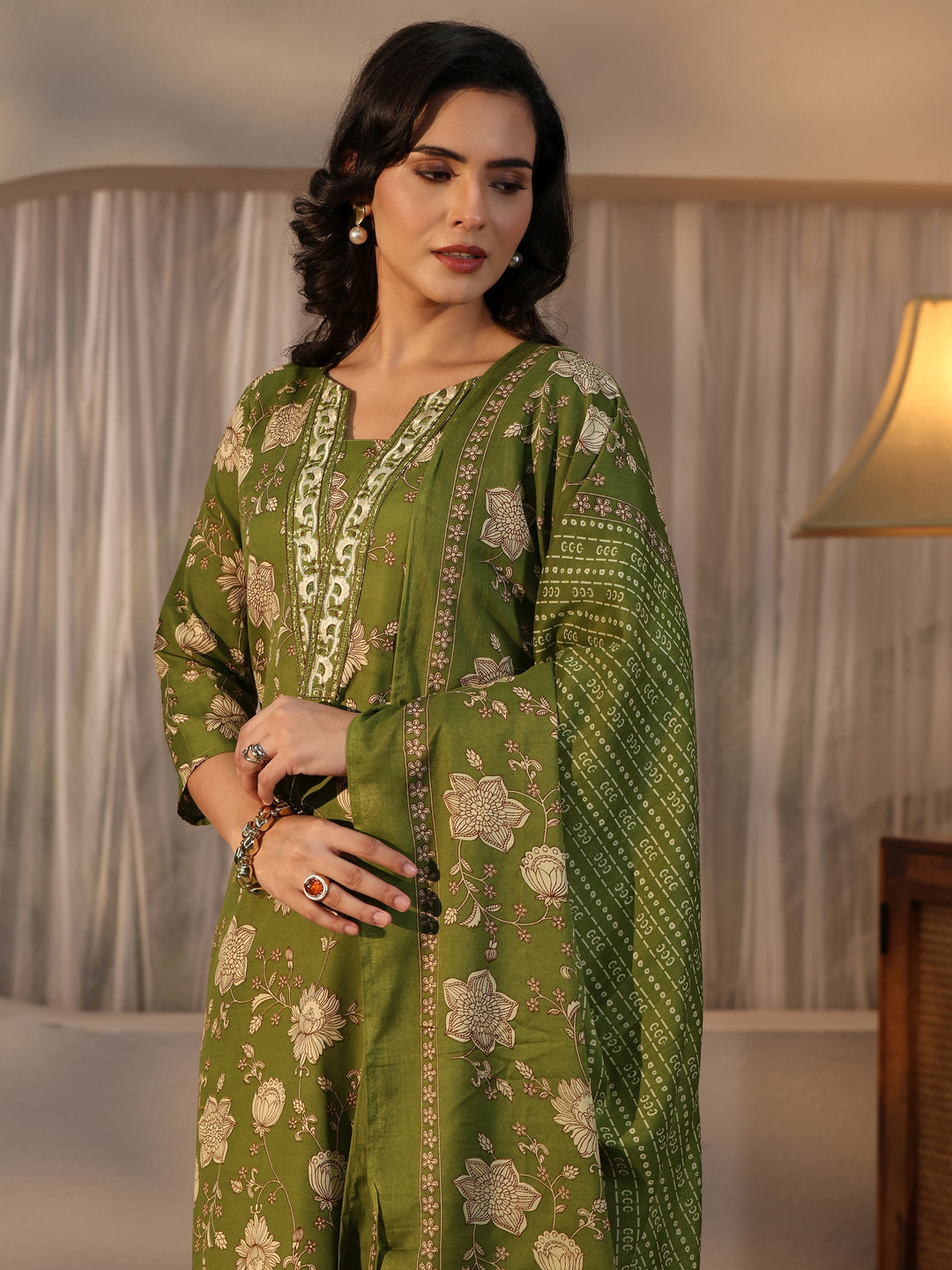 Gerua Green Floral Printed Straight Suit Set