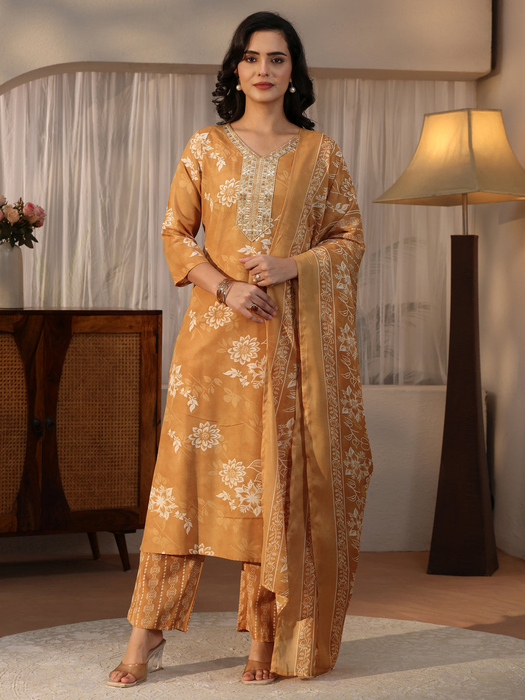 Gerua Mustard Floral Printed Straight Suit Set