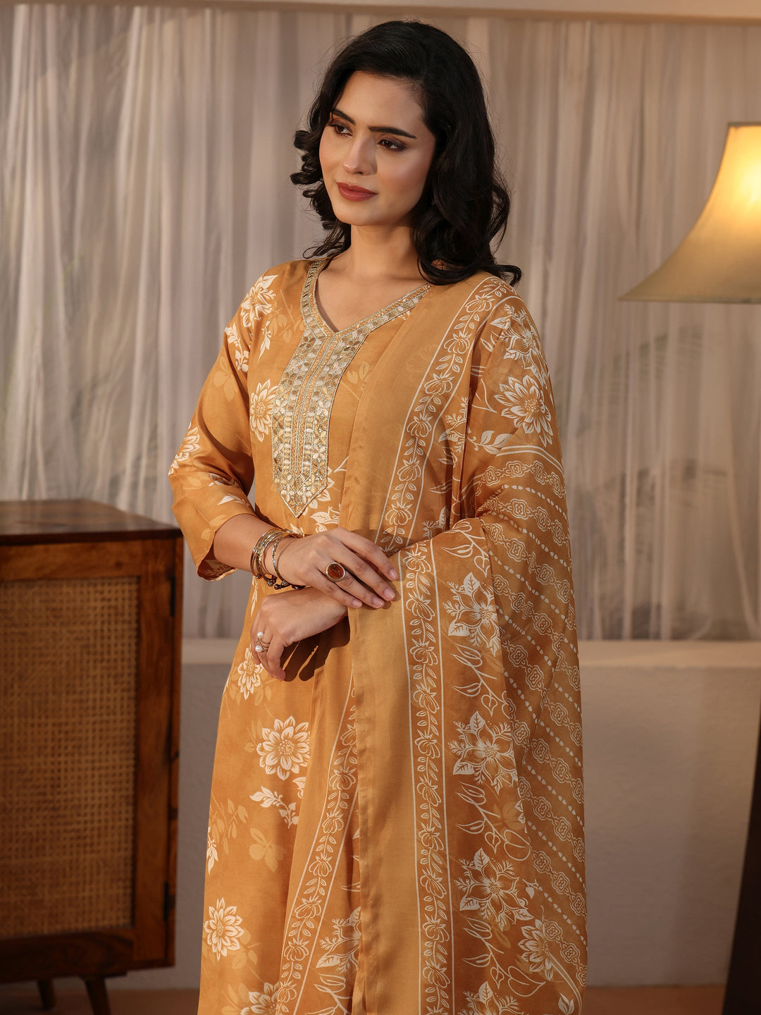 Gerua Mustard Floral Printed Straight Suit Set