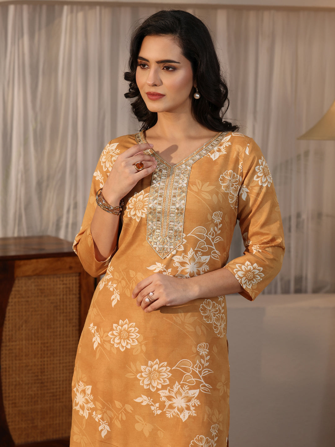 Gerua Mustard Floral Printed Straight Suit Set