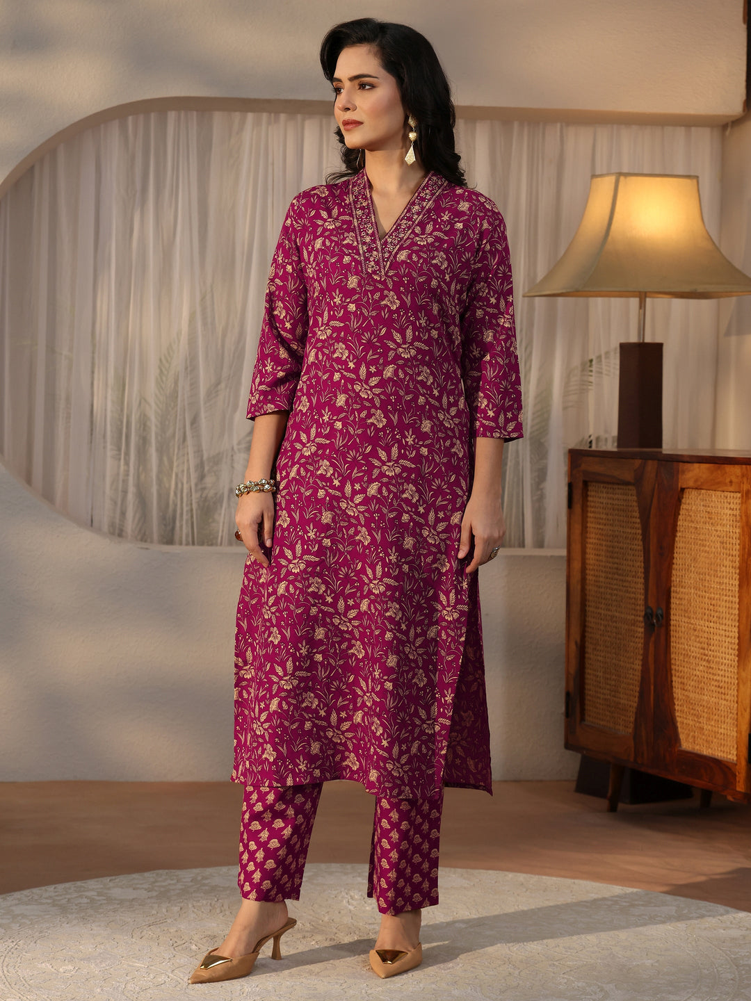 Gerua Maroon Floral Printed Straight Suit Set