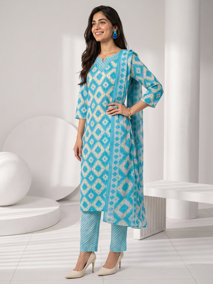 Gerua Blue Geometric Printed Straight Suit Set