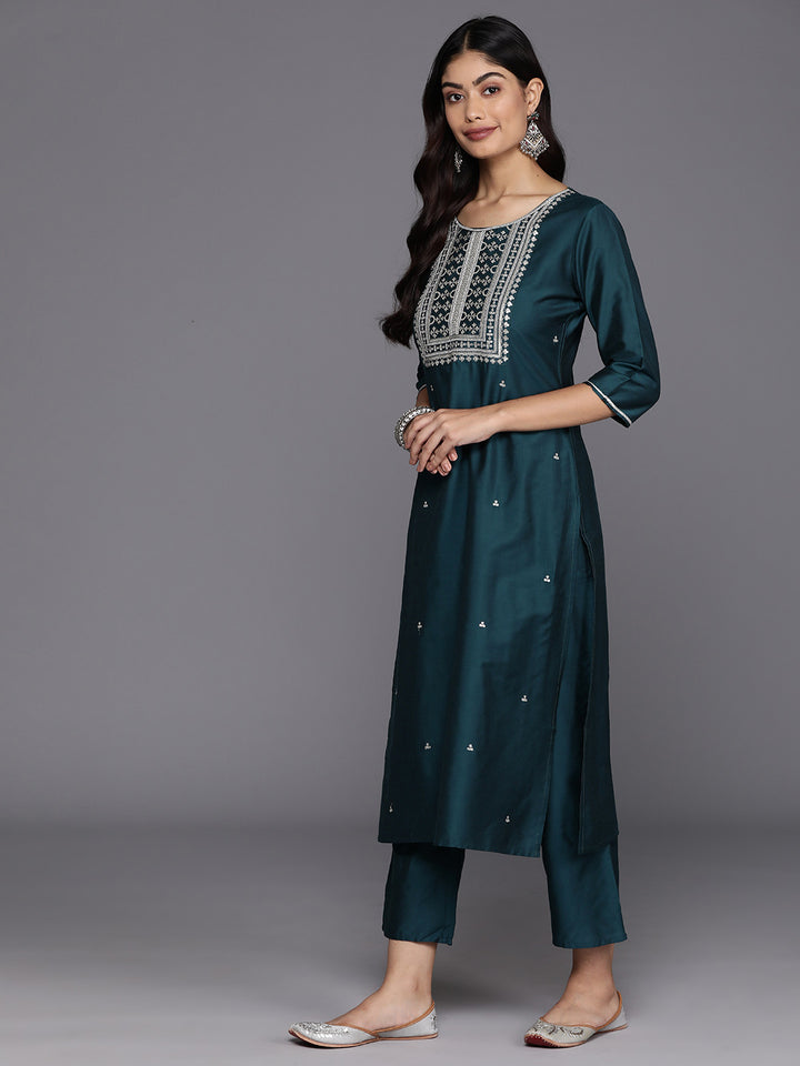 Blue Yoke Design Silk Blend Straight Suit With Dupatta