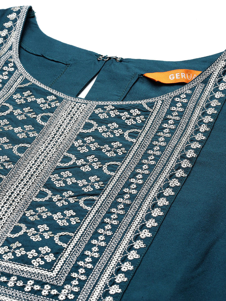 Blue Yoke Design Silk Blend Straight Suit With Dupatta