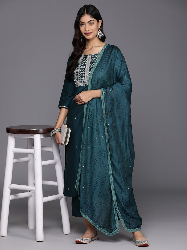 Blue Yoke Design Silk Blend Straight Suit With Dupatta