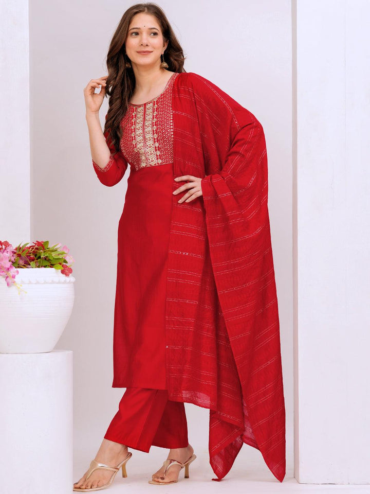 Red Yoke Design Silk Blend Straight Suit With Dupatta