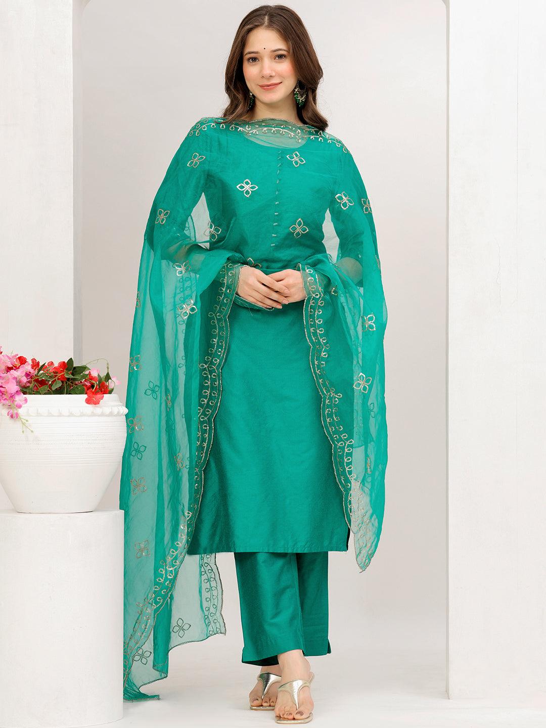 Green Solid Silk Blend Suit Set
