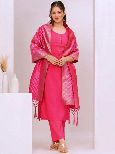 Pink Solid Silk Blend Straight Kurta With Trousers & Dupatta - ShopLibas
