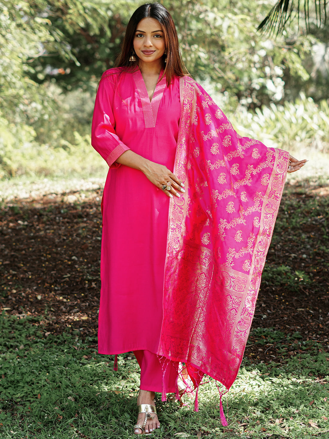 Pink Solid Silk Blend Straight Suit With Dupatta