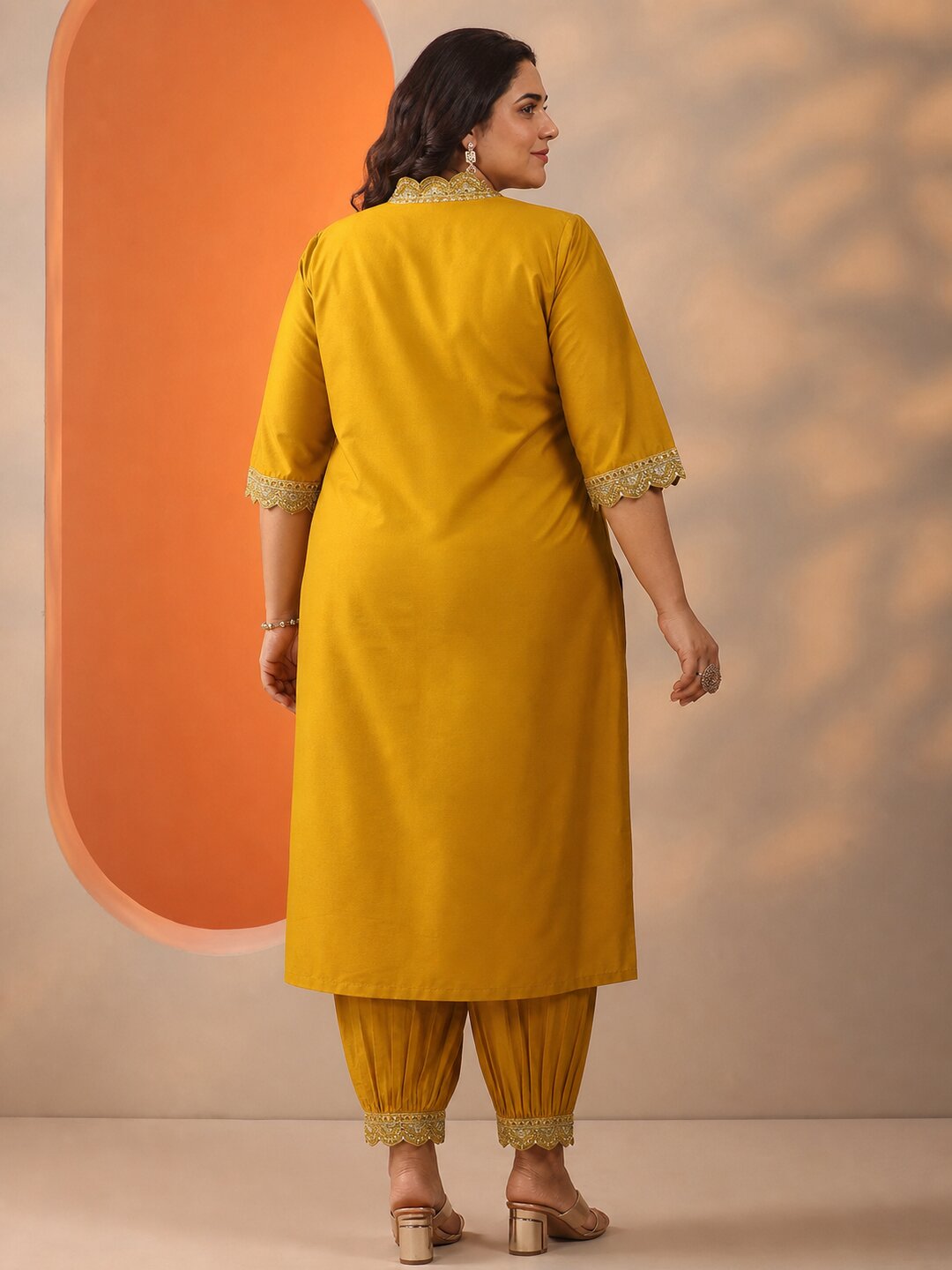 Plus Size Mustard Embroidered Silk Blend Straight Kurta Set