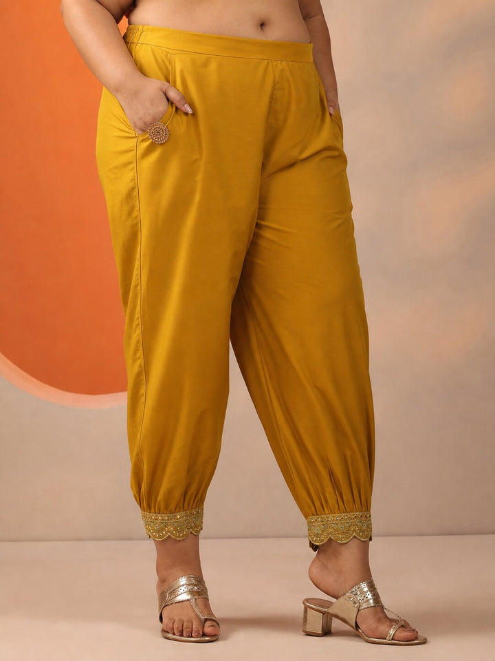 Plus Size Mustard Embroidered Silk Blend Straight Kurta Set
